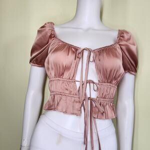 Mixed Threads Los Angeles Satin Puff Sleeves Tie Front CropTop Small Pink Satin